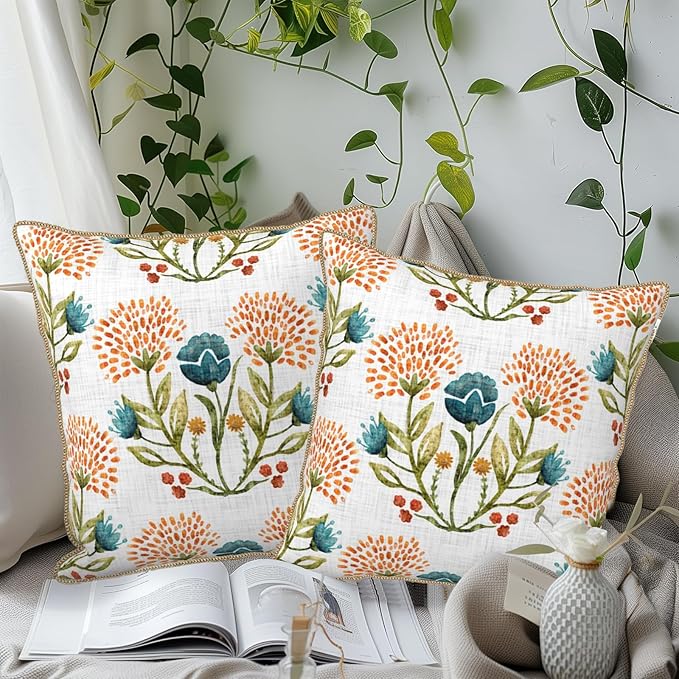 KSLIDS Floral Leaf Soft Velvet Throw Pillow Covers Set of 2 Orange Flowers Sage Green Leaves Decorative Pillow Covers 20x20 Inch Farmhouse Pillow Case for Sofa Couch Living Room Home Decor