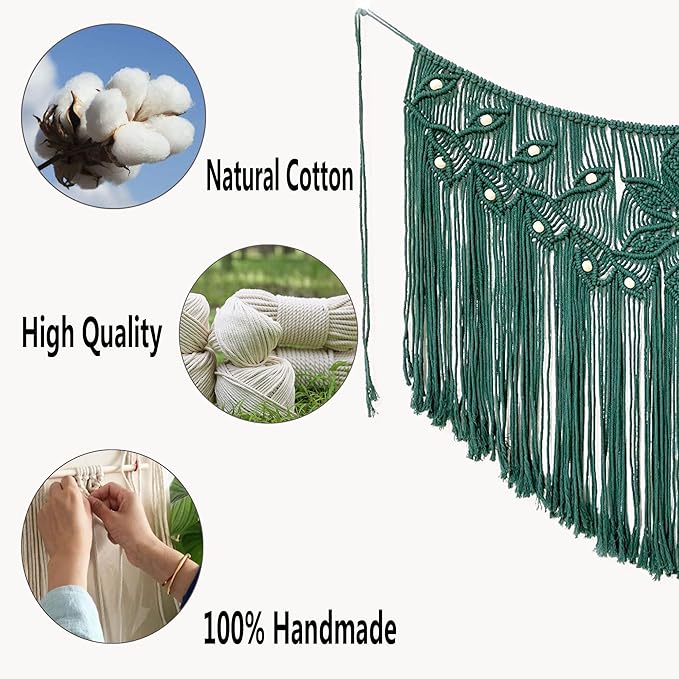 Youngeast Home Decor Leaf Shape Macrame Wall Hanging Woven Tapestry Bedroom Curtain Fringe Garland Banner Living Room Wall Decor Dark Green 39X31 inches