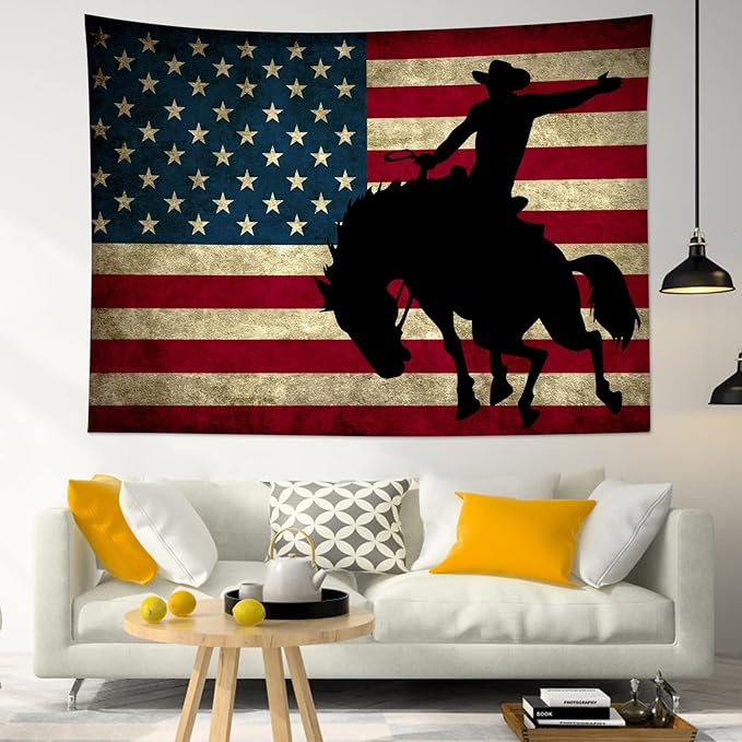 LB Western Cowboy Tapestry Vintage American Flag Tapestry for Bedroom Cool Man on Black Horse Tapestries Wall Hanging for Living Room College Dorm Wall Decor,59x51 inches
