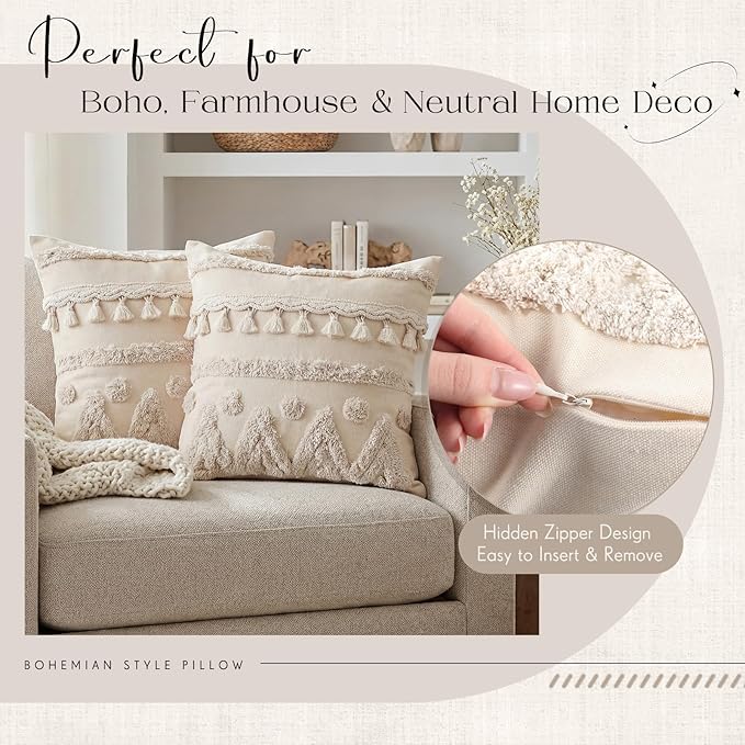 Tegeme 2 Pack Boho Throw Pillow Covers 18 x 18 Inch Tufted Textured Woven Farmhouse Decorative Pillowcases with Tassels Modern Neutral Cream Couch Pillows with Zipper for Sofa Bed Living Room