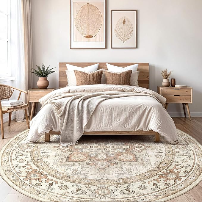 Round Washable Area Rug 8ft, Boho Vintage Distressed Oriental Medallion, Neutral Blue, Thin Carpet for Living Room Bedroom Home Office Decor
