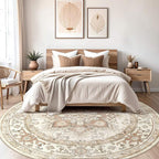Round Washable Area Rug 8ft, Boho Vintage Distressed Oriental Medallion, Neutral Blue, Thin Carpet for Living Room Bedroom Home Office Decor