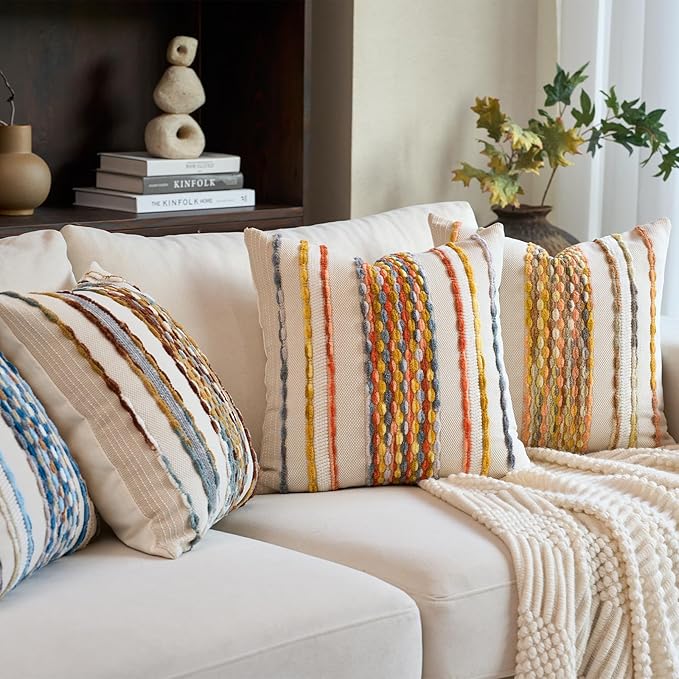 Aeckself Boho Pillow Covers 18x18 Inch Set of 2, Farmhouse Decorative Striped Square Chenille Tufted Accent Neutral Throw Pillow Covers for Living Room Couch Bed, Yellow Orange