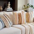 Aeckself Boho Pillow Covers 18x18 Inch Set of 2, Farmhouse Decorative Striped Square Chenille Tufted Accent Neutral Throw Pillow Covers for Living Room Couch Bed, Light Yellow