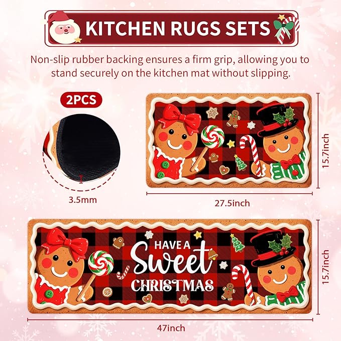 Christmas Rugs for Kitchen Floor, Gingerbread Man Mats for Kitchen Floor Non Slip, 2PCS Rubber Kitchen Mat, Washable Cushioned Runner Carpet Rug for Sink Laundry 15.7"×27.5" +15.7"×47" Red 3.5mm