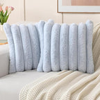 FUTEI Light Blue Decorative Throw Pillow Covers 26x26 Inch Set of 2, Square Soft Faux Rabbit Fur Thick Striped Euro Pillow Shams,Spring Home Decor for Couch Bed Living Room