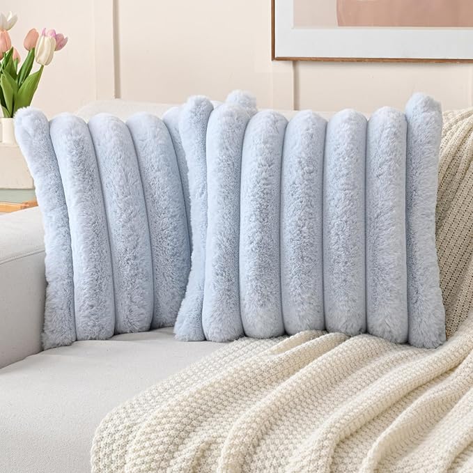 FUTEI Light Blue Decorative Throw Pillow Covers 22x22 Inch Set of 2, Square Soft Faux Rabbit Fur Thick Striped Cushion Cover,Spring Home Decor for Couch Bed Living Room
