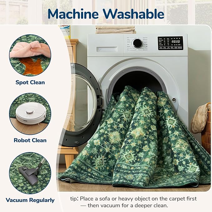 Lessymo Washable Area Rug for Living Room,9x12 Green Large Rugs with Non-Slip Backing,Soft Boho Carpets for Bedroom Dining Room Nursery Home Office