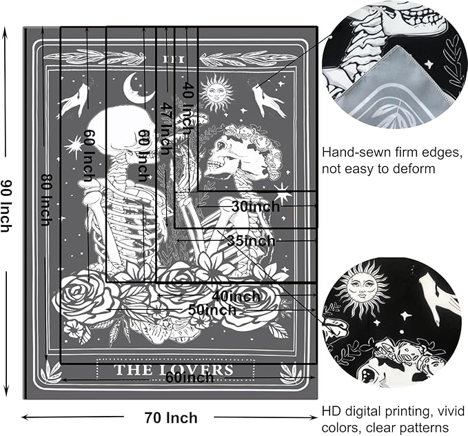 Onivein The Lovers Skull Tapestry Gothic Tapestry Vertical Black and White Skeleton Gothic Witch Sun Moon Floral Plant Snake Tapestries Wall Hanging Decor for Bedroom Dorm Room 50 x 60 Inches