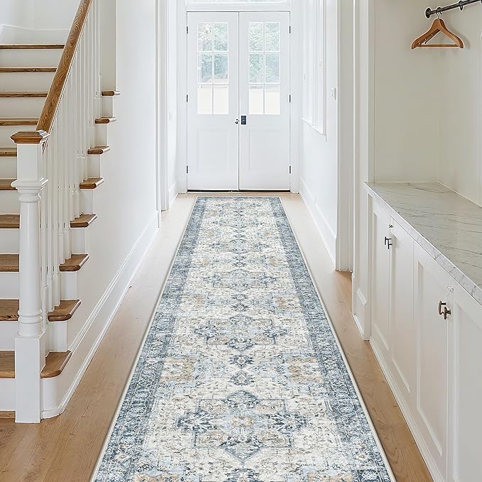 GENIMO Runner Rug 2x10, Machine Washable Vintage Runner Carpet, Non Slip Hallway Rug, Low Pile Lightweight Rugs for Entryway, Hallway, Kitchen and Corridor, Blue