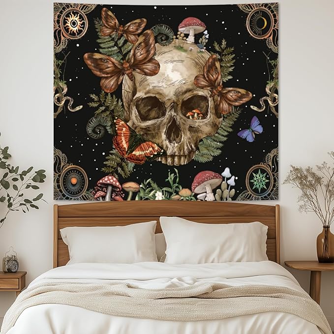 Avinyl Halloween Gothic Tapestry for Bedroom,Vintage Goth Skull Whichy Butterfly Floral Wall Tapestries, Skeleton Moth Mushrooms Poster Backdrop for Living Gaming Room Dorm Decor 51in X 60in