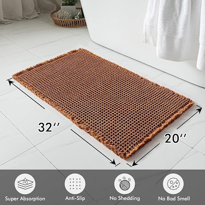 MIULEE Set of 2 Waffle Bathroom Rugs, Fall Boho Bath Rugs Non Slip Washable, Super Absorbent Bath Mats, Ultra Soft Rubber Backed Shower Mats for Bathroom Floor, Tub and Shower, Terracotta, 20x32 Inch