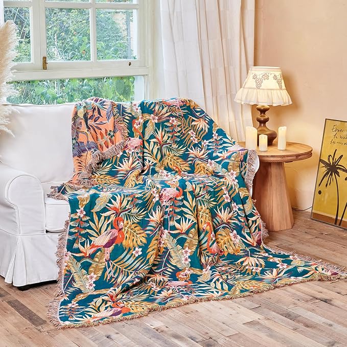 Boho Throw Blanket - 100% Cotton Ultra Soft Muslin Spring Blanket, 60"x80" Lightweight Floral Bird Framhouse Bedding Blanket for Bed, All Season Blue Bohemian Bedroom Home Decor Quilt