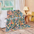 Boho Throw Blanket - 100% Cotton Ultra Soft Muslin Spring Blanket, 50"x60" Lightweight Floral Bird Framhouse Bedding Blanket for Bed, All Season Blue Bohemian Bedroom Home Decor Quilt