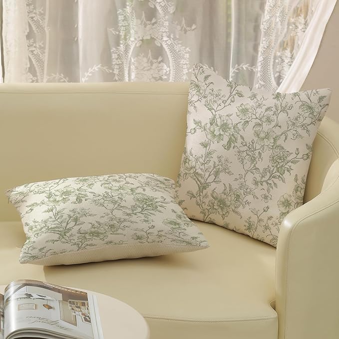 Sage Green Pillow Covers 16x16 Set of 2 Light Green Floral Chinoiserie Throw Pillows Vintage Rustic Toile Flower Decorative Pillow Cases Outdoor Chinoiserie Decor Cushion Case for Couch Sofa