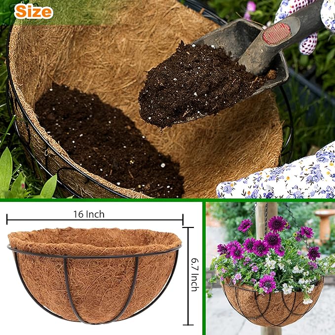 Coco Liners for Planters - 2 Pack 16 Inch Round Hanging Basket Liners, 100% Natural Coconut Fiber Replacement Liners for Hanging Baskets Planters Flowers, Plants, Vegetables (16'' Pack of 2)