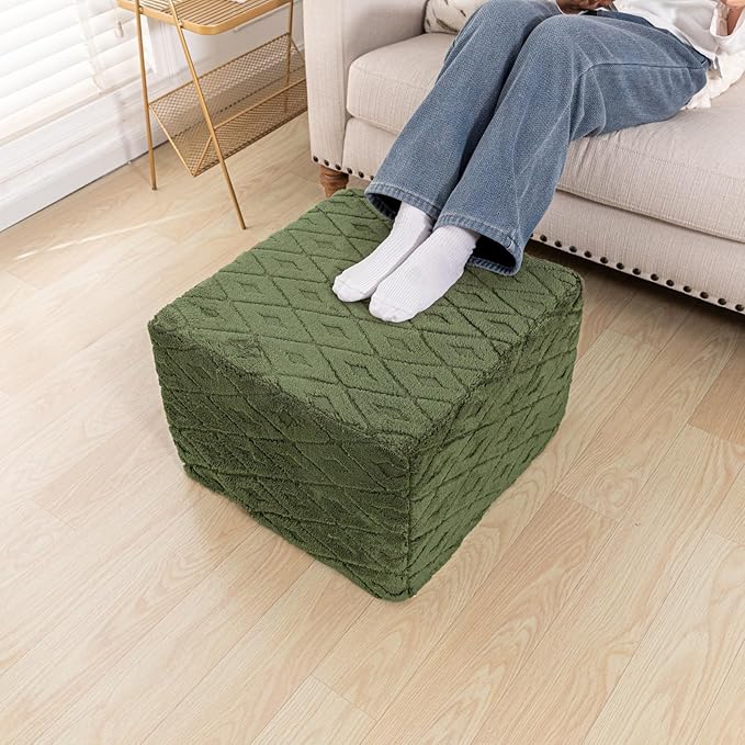 Fluffy Square Ottoman Pouf with All-in-One Foam Filling 20 x 14 Inches Furry Ottoman Foot Rest Foot Stool for Living Room or Bedroom (Green)