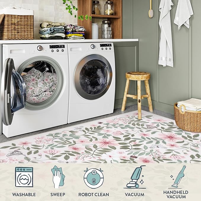 Lahome Reverie 8x10 Pink Floral Rug for Nursery & Girls Room, Washable Carpet for Boho Pink Home Decor, Non-Slip Carpet for Playroom, Toddler Retreat, Apartment Living Space