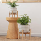 LA JOLIE MUSE Ceramic Plant Pot with Wood Stand - 7.3 Inch Modern Round Decorative Flower Pot Indoor with Wood Planter Holder, Beige and White
