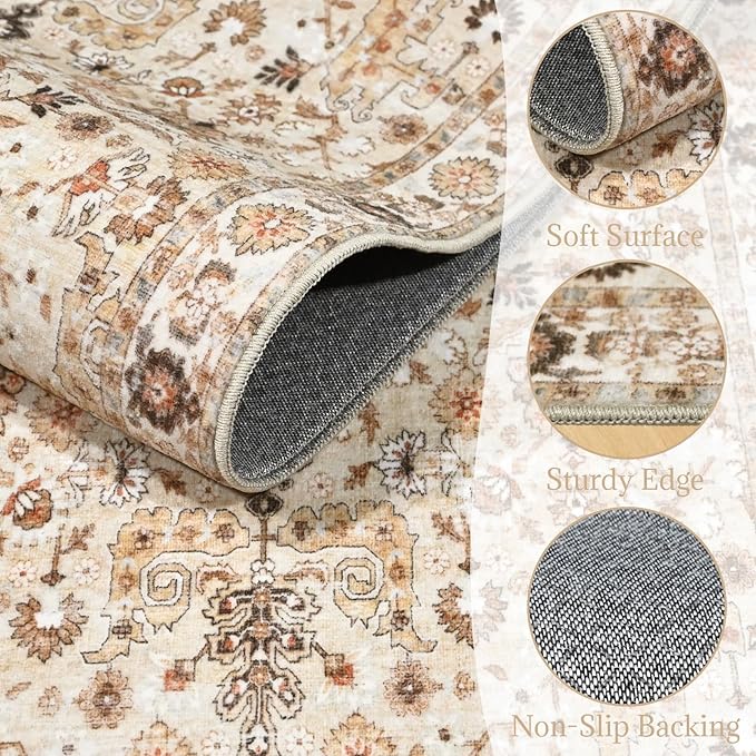 Washable Rugs for Living Room: 9x12 Area Rugs for Bedroom Ultral Soft Non-Slip Stain Resistant Vintage Boho Large Carpet for High-Traffic Dining Room - Farmhouse Decor