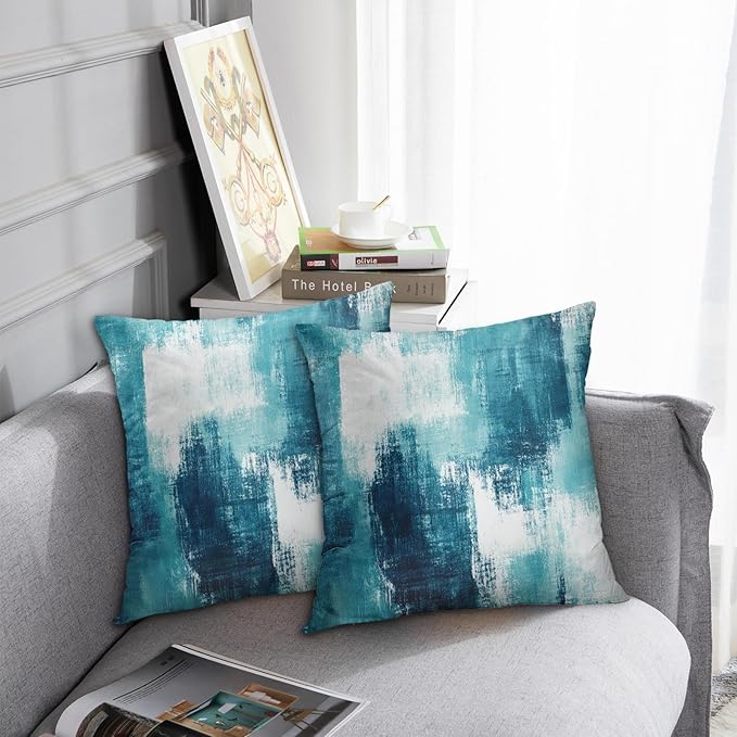Britimes Throw Pillow Covers Modern Home Art Decor, 18 x 18 Inches Set of 2 Abstract Oil Painting Pillowcases for Bedroom, Living Room, Cushion Couch Sofa, Abstract White Teal
