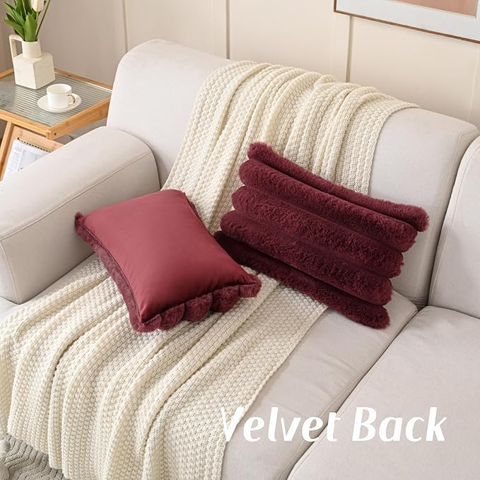 FUTEI Burgundy Decorative Throw Pillow Covers 12x20 Inch Set of 2, Square Soft Faux Rabbit Fur Thick Striped Lumbar Pillow Case,Spring Home Decor for Couch Bed Living Room
