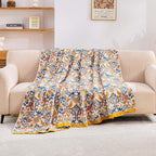 Boho Blanket Throw Quilt, 100% Cotton Soft Light Weight Throw Blankets for Summer, 80"x90" Farmhouse Flower Decorative Blankets, All Season Rustic Reversible Bohemian Throw Quilt