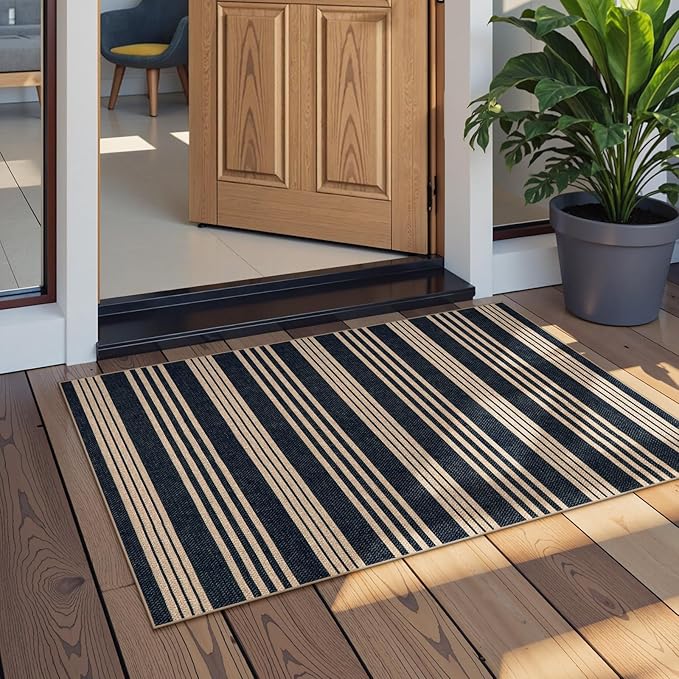 Lahome Elance Striped Easy Jute Front Door Mat, 2x3 Washable Kitchen Rug Small Indoor Outdoor Rugs for Entryway, Farmhouse Neutral Lightweight Non Slip Black Carpet for Foyer