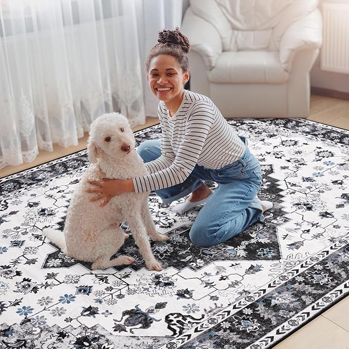 Amearea Vintage Design Area Rugs for Living Room, 4x6 Machine Washable Floral Collection Traditional Bedroom Rug, Low Pile Cute Kids Room Print Carpet, No Slip Office Kitchen Home Decor, Black