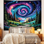 Apdidl Space Galaxy Forest Tapestry for Bedroom, Green Nature Landscape Colorful Night Starry Sky Stars Wall Tapestry, Mysterious Nebula Mountain Wall Hanging Backdrop Decor for Living Room 51" X 60"