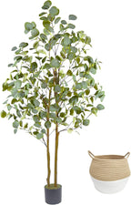 Artificial Eucalyptus Tree, 5ft Tall Fake Eucalyptus Plant with Woven Basket, 60'' Silk Leaves Faux Tree for Indoor Home Office Livingroom Garden Floor Décor