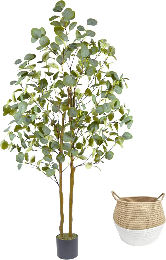 Artificial Eucalyptus Tree, 5ft Tall Fake Eucalyptus Plant with Woven Basket, 60'' Silk Leaves Faux Tree for Indoor Home Office Livingroom Garden Floor Décor