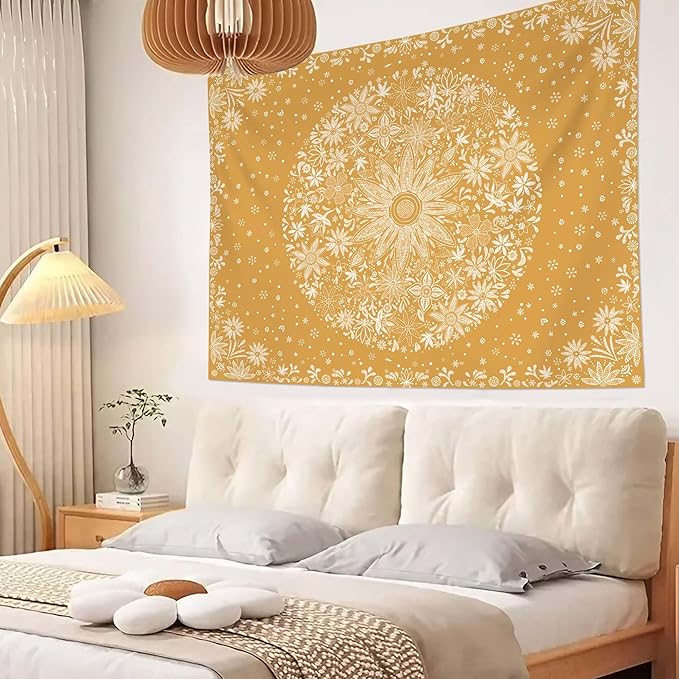 Neasow Bohemian Tapestry Wall Hanging, Orange Floral Tapestry with Dotted Daisy Medallion Print Bedroom Boho Hippie Home Decor, 60x80 inches