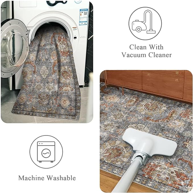 RUGSURE Washable Area Rugs - Perfect for Living Room, Bedroom, Kids Room, Nursery - Stain & Water Resistant Non-Slip, Pet & Child Friendly, Vintage Tribal Area Rugs (Turmeric and Grey, 3' x 5 ')