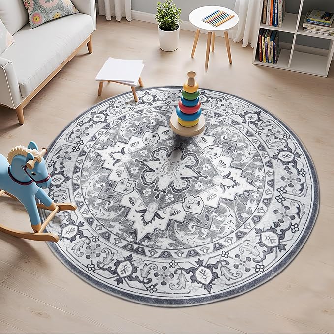 Lessymo 4FT Washable Round Area Rugs for Living Room, Non Slip Circle Rugs Low Pile Vintage Carpet for Bedroom, Dining Room, Nursery, Home Office, Grey Beige