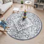 Lessymo 4FT Washable Round Area Rugs for Living Room, Non Slip Circle Rugs Low Pile Vintage Carpet for Bedroom, Dining Room, Nursery, Home Office, Grey Beige