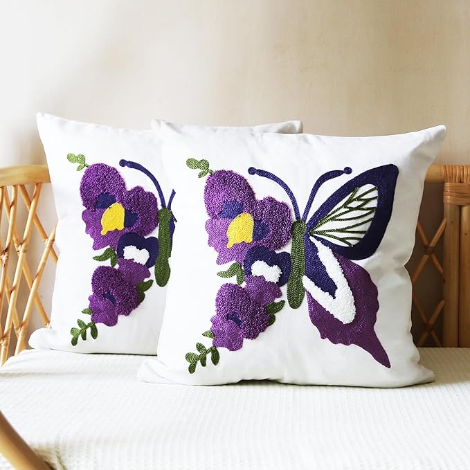 Butterfly Pillow Cover Boho Embroidered Pillow Covers for Couch Sofa Purple Butterfly Bohemian Pillow Covers Cotton Linen 2PCS Pillowcase Covers 18x18 Inch