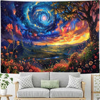 Trippy Space Tapestry, Starry Sky Tapestry, Colorful Mountains and Forests Flowers Tapestry, Beautiful Natural Scenery Tapestry, Bedroom Livingroom Abstract Art Oil Painting Wall Hanging,40x30 Inches.