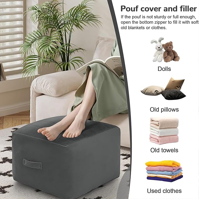MeMoreCool Square Stuffed Pouf Ottoman Foot Rest, Floor Pouf Foot Stool with Foam Chunk Filling, Soft Stuffed Ottoman Footrest for Living Room, Dark Grey