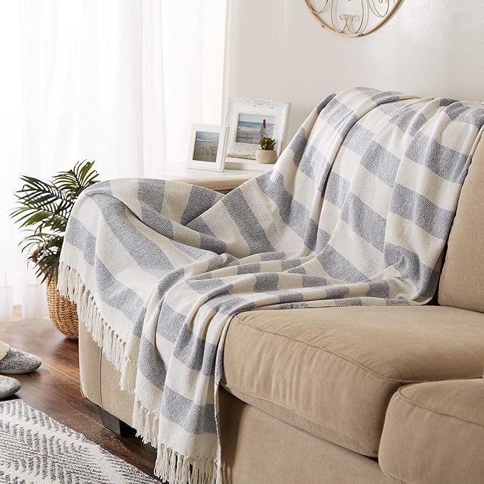 DII Rustic Farmhouse Cotton Cabana Striped Blanket Throw with Fringe, 50 x 60 - Cabana Striped Off-White with French Blue
