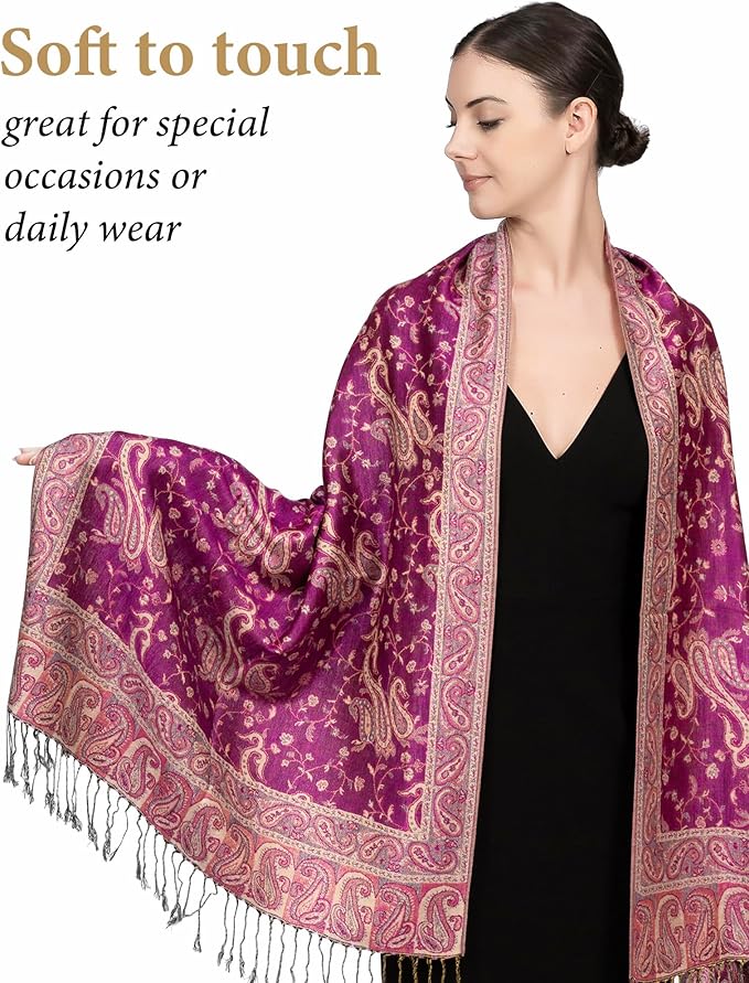 Achillea Reversible Paisley Pashmina Rave Scarf – Exotic Indian Shawls and Wraps for Evening Dresses, Festivals, All Seasons