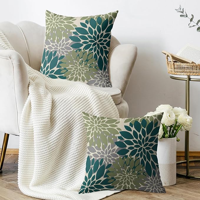 Teal Green Grey Gray Pillow Covers 22X22 Inch Set of 2, Modern Dahlia Floral Print Decorative Throw Pillow Covers Outdoor Farmhouse Cushion Case for Home Couch Sofa Bed Decoration