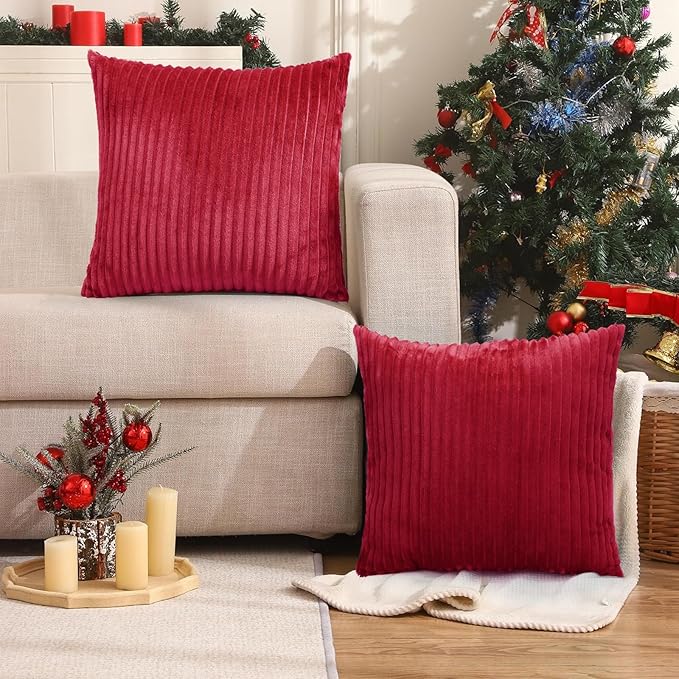 Simmore Decorative Throw Pillow Covers 20x20 Set of 2, Soft Natural Plush Flannel Double-Sided Fluffy Couch Pillow Covers for Sofa Living Room, Red