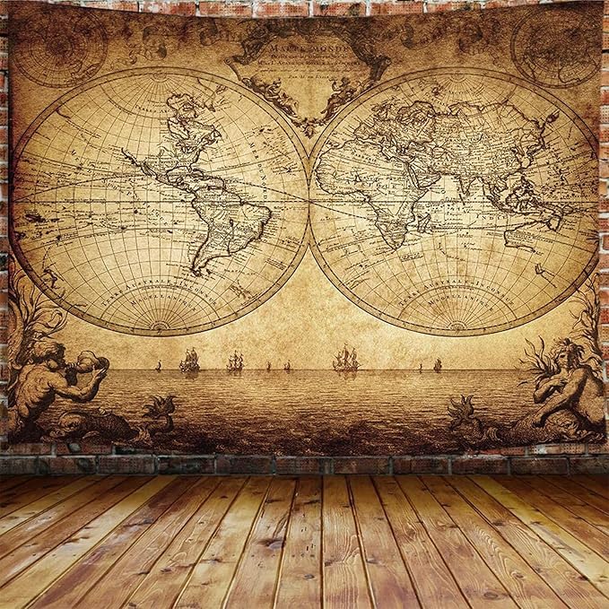 JAWO Old World Map Tapestry, Vintage Wanderlust Pirate Map Tapestry Wall Hanging For Bedroom, Historical Atlas Tapestries Poster Beach Blanket College Dorm Home Decor (60W X 40H)