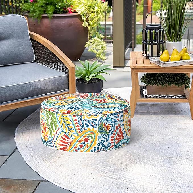 Indoor/Outdoor Inflatable Ottoman D21 x H9 inch, Round Footstool Inflatable Foot Rest Ottoman with Handle, Portable Ottomans Pouf for Patio, Garden, Camping, Home, Paisley Multi