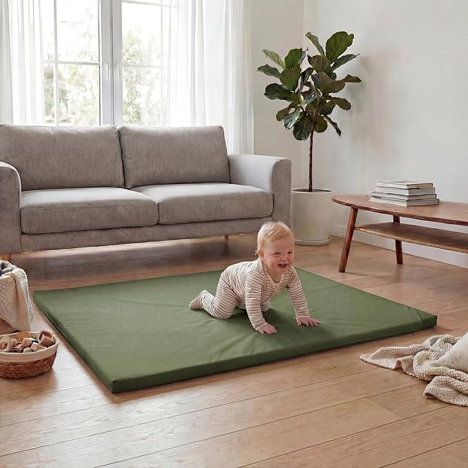 Baby Play Mat 50x50 Inches,1.3" Thick Padded Waterproof Floor Cushion & Playpen Mat with Vegan Leather,Non-Slip & Non-Toxic Nursery Rug for Infants, Toddlers & Kids(Green)