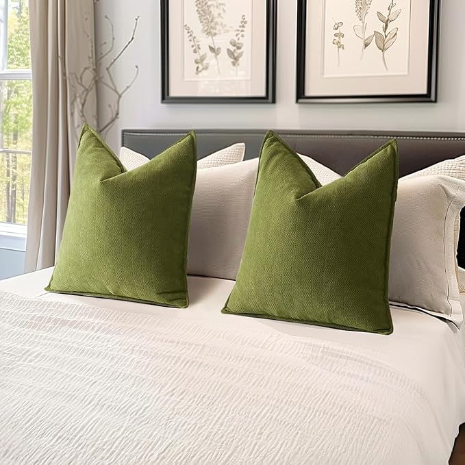 MIULEE Pack of 2 Moss Green Decorative Pillow Covers 22x22 Inch Soft Chenille Luxurious Couch Throw Pillows Farmhouse Cushion Covers Euro Shams Elegant Design for Sofa Bed Living Room Spring Decor