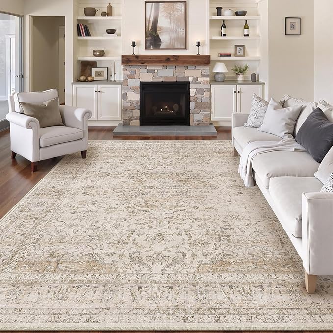 8x10 Washable Beige Area Rug Vintage Living Room Bedroom Carpet Non-Slip Soft Low Pile Distressed Indoor Large Throw Rug for Dining Room Office