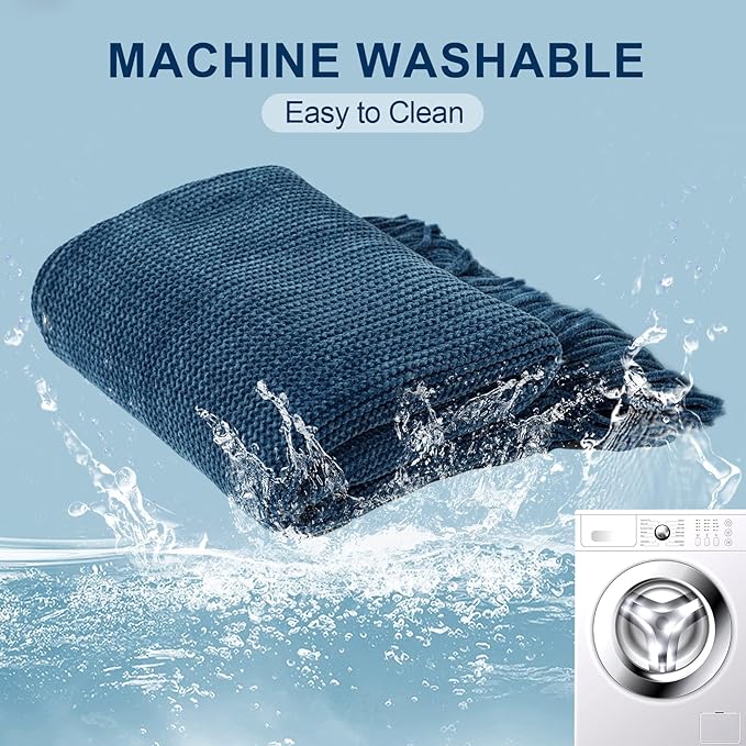 Blagic Blue Throw Blanket for Couch Soft Farmhouse Chenille Boho Throw Blanket with Tassels Home Decorative Lightweight Throw Blankets, Throws for Bed/Chair/Sofa, Stripe Textured (Dark Blue,50"x60")