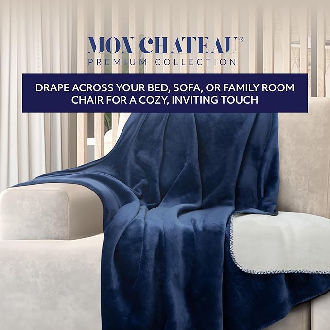Mon Chateau 60" x 70" Fireside Mélange Throw Blanket, Contrast Stitching Soft Blanket for Queen-Size Bed, Couch, or Sofa, Cozy Home Decor and Stylish Living Room Comfort, Sapphire Veil